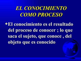 EL CONOCIMIENTO COMO PROCESO El conocimiento es el resultado del proceso de conocer ; lo que saca el sujeto, que conoce , del objeto que es conocido 