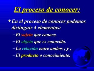 El proceso de conocer : En el proceso de conocer podemos distinguir 4 elementos: El  sujeto  que conoce. El  objeto  que es conocido. La  relación  entre ambos ; y , El  producto  o conocimiento. 