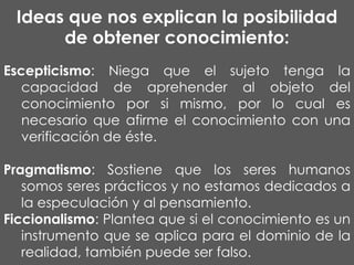 Ideas que nos explican la posibilidad
de obtener conocimiento:
Escepticismo: Niega que el sujeto tenga la
capacidad de aprehender al objeto del
conocimiento por si mismo, por lo cual es
necesario que afirme el conocimiento con una
verificación de éste.
Pragmatismo: Sostiene que los seres humanos
somos seres prácticos y no estamos dedicados a
la especulación y al pensamiento.
Ficcionalismo: Plantea que si el conocimiento es un
instrumento que se aplica para el dominio de la
realidad, también puede ser falso.

 