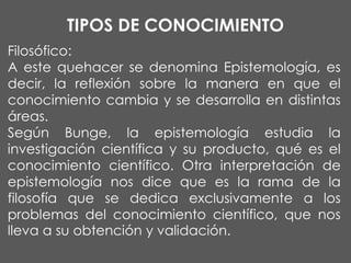 TIPOS DE CONOCIMIENTO
Filosófico:
A este quehacer se denomina Epistemología, es
decir, la reflexión sobre la manera en que el
conocimiento cambia y se desarrolla en distintas
áreas.
Según Bunge, la epistemología estudia la
investigación científica y su producto, qué es el
conocimiento científico. Otra interpretación de
epistemología nos dice que es la rama de la
filosofía que se dedica exclusivamente a los
problemas del conocimiento científico, que nos
lleva a su obtención y validación.

 