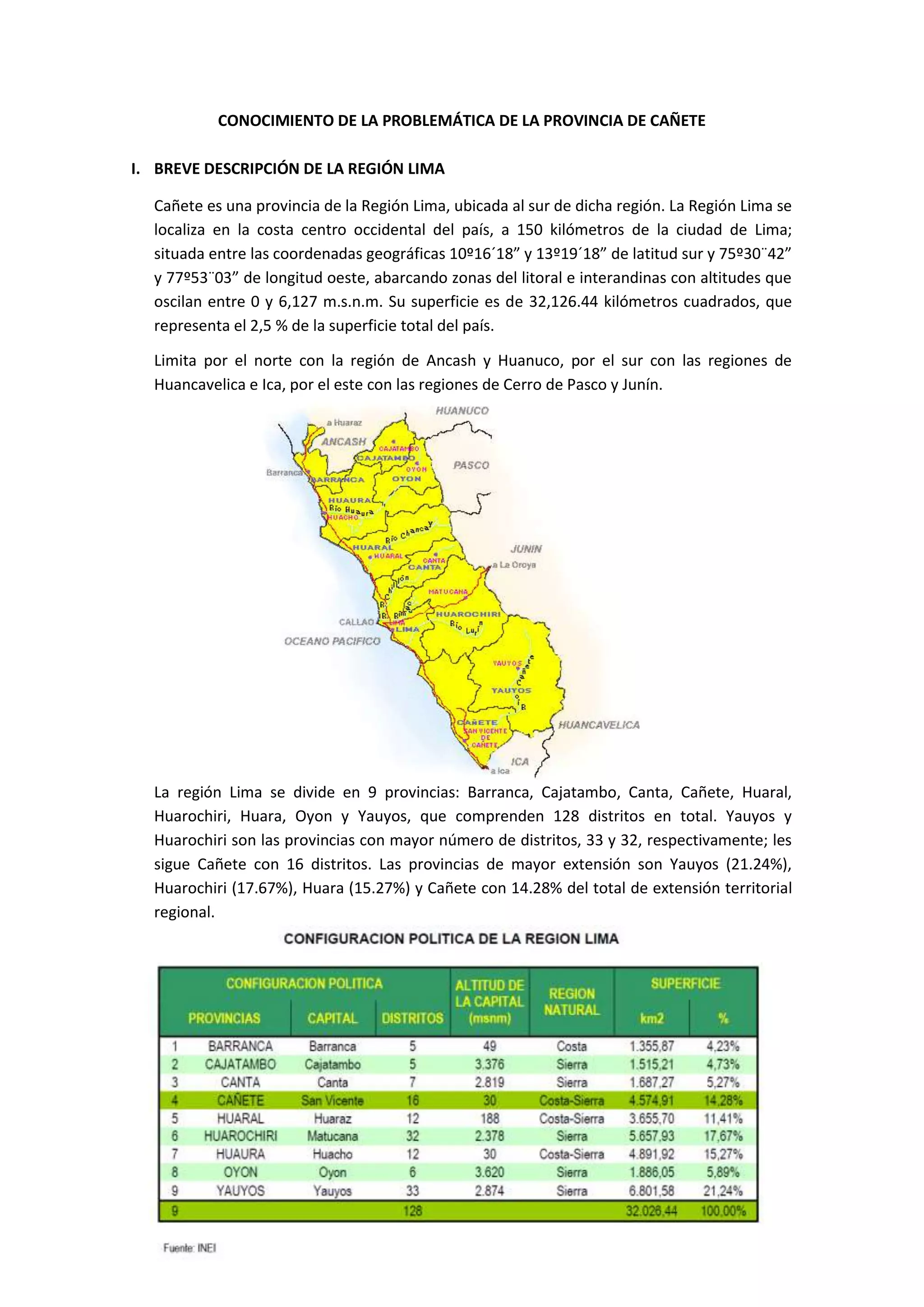 CONOCIMIENTO DE LA PROBLEMÁTICA DE LA PROVINCIA DE CAÑETE

I. BREVE DESCRIPCIÓN DE LA REGIÓN LIMA

  Cañete es una provincia de la Región Lima, ubicada al sur de dicha región. La Región Lima se
  localiza en la costa centro occidental del país, a 150 kilómetros de la ciudad de Lima;
  situada entre las coordenadas geográficas 10º16´18” y 13º19´18” de latitud sur y 75º30¨42”
  y 77º53¨03” de longitud oeste, abarcando zonas del litoral e interandinas con altitudes que
  oscilan entre 0 y 6,127 m.s.n.m. Su superficie es de 32,126.44 kilómetros cuadrados, que
  representa el 2,5 % de la superficie total del país.

  Limita por el norte con la región de Ancash y Huanuco, por el sur con las regiones de
  Huancavelica e Ica, por el este con las regiones de Cerro de Pasco y Junín.




  La región Lima se divide en 9 provincias: Barranca, Cajatambo, Canta, Cañete, Huaral,
  Huarochiri, Huara, Oyon y Yauyos, que comprenden 128 distritos en total. Yauyos y
  Huarochiri son las provincias con mayor número de distritos, 33 y 32, respectivamente; les
  sigue Cañete con 16 distritos. Las provincias de mayor extensión son Yauyos (21.24%),
  Huarochiri (17.67%), Huara (15.27%) y Cañete con 14.28% del total de extensión territorial
  regional.
 