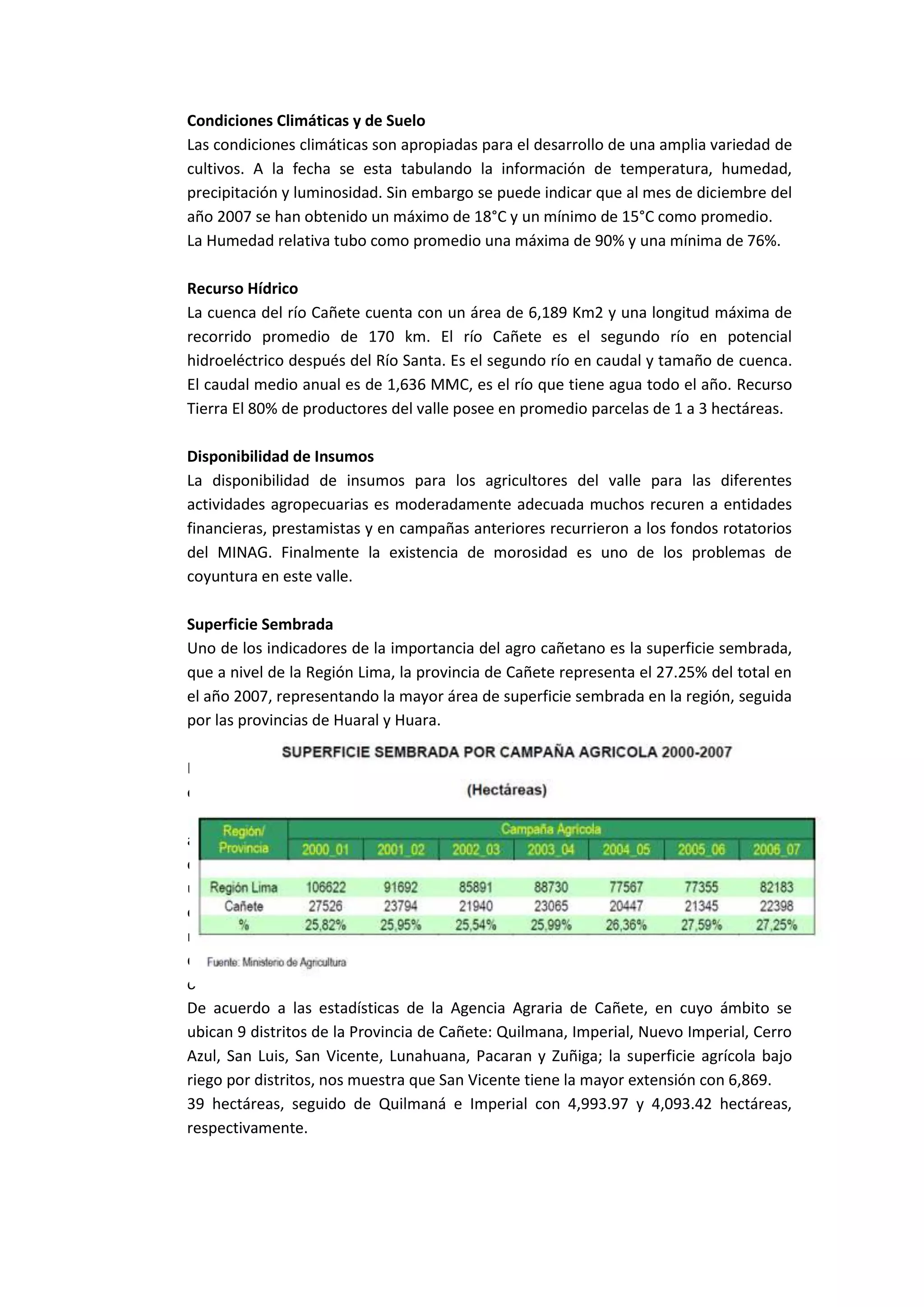 Condiciones Climáticas y de Suelo
Las condiciones climáticas son apropiadas para el desarrollo de una amplia variedad de
cultivos. A la fecha se esta tabulando la información de temperatura, humedad,
precipitación y luminosidad. Sin embargo se puede indicar que al mes de diciembre del
año 2007 se han obtenido un máximo de 18°C y un mínimo de 15°C como promedio.
La Humedad relativa tubo como promedio una máxima de 90% y una mínima de 76%.

Recurso Hídrico
La cuenca del río Cañete cuenta con un área de 6,189 Km2 y una longitud máxima de
recorrido promedio de 170 km. El río Cañete es el segundo río en potencial
hidroeléctrico después del Río Santa. Es el segundo río en caudal y tamaño de cuenca.
El caudal medio anual es de 1,636 MMC, es el río que tiene agua todo el año. Recurso
Tierra El 80% de productores del valle posee en promedio parcelas de 1 a 3 hectáreas.

Disponibilidad de Insumos
La disponibilidad de insumos para los agricultores del valle para las diferentes
actividades agropecuarias es moderadamente adecuada muchos recuren a entidades
financieras, prestamistas y en campañas anteriores recurrieron a los fondos rotatorios
del MINAG. Finalmente la existencia de morosidad es uno de los problemas de
coyuntura en este valle.

Superficie Sembrada
Uno de los indicadores de la importancia del agro cañetano es la superficie sembrada,
que a nivel de la Región Lima, la provincia de Cañete representa el 27.25% del total en
el año 2007, representando la mayor área de superficie sembrada en la región, seguida
por las provincias de Huaral y Huara.

D
e

a
c
u
e
r
d
o
De acuerdo a las estadísticas de la Agencia Agraria de Cañete, en cuyo ámbito se
ubican 9 distritos de la Provincia de Cañete: Quilmana, Imperial, Nuevo Imperial, Cerro
Azul, San Luis, San Vicente, Lunahuana, Pacaran y Zuñiga; la superficie agrícola bajo
riego por distritos, nos muestra que San Vicente tiene la mayor extensión con 6,869.
39 hectáreas, seguido de Quilmaná e Imperial con 4,993.97 y 4,093.42 hectáreas,
respectivamente.
 