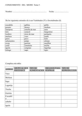 CONOCIMIENTO DEL MEDIO Tema 5
Nombre: ...................................................................... Fecha: .............................
De los siguientes animales di si son Vertebrados (V) o Invertebrados (I).
cocodrilo gallina grillo
gusano mosca medusa
mariposa estrella de mar rana
loro caracol langostino
lombriz erizo de mar periquito
merluza vaca araña
perro pavo león
saltamontes pulpo almeja
oveja gorrión mejillón
coral camaleón trucha
águila cangrejo lagartija
tortuga sapo tigre
Completa esta tabla:
ANIMAL
GRUPO AL QUE
PERTENECE
TIPO DE
ALIMENTACION
ORGANOS PARA
RESPIRAR
TIPO DE
REPRODUCCION
Vaca
Merluza
Sapo
Lagartija
Trucha
Gorrión
Cocodril
o
caballo
águila
 