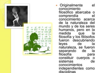     Originalmente          el
    conocimiento
    filosófico abarcaba o
    comprendía              el
    conocimiento acerca
    de la naturaleza del
    mundo y de los seres
    humanos, pero en la
    medida        que       la
    filosofía y los filósofos
    fueron descubriendo
    leyes         de        la
    naturaleza, se fueron
    separando        de     la
    filosofía            para
    constituir cuerpos o
    sistemas               de
    conocimientos
    independientes como
    disciplinas
 