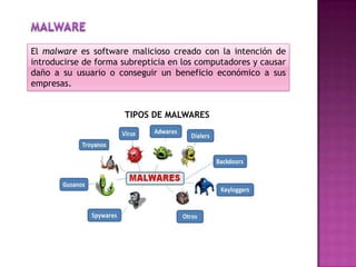 El malware es software malicioso creado con la intención de
introducirse de forma subrepticia en los computadores y causar
daño a su usuario o conseguir un beneficio económico a sus
empresas.
TIPOS DE MALWARES
 