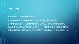 MP Y MB
Antes de p y b utilizamos m.
BOMBERO, SOMBRERO, TAMBOR, BOMBÓN,
CAMPESINO, EMPANADA, CHAMPÚ, CAMPEONA,
TAMBIÉN, CAMPO, HOMBRE, BOMBILLA, COMPRAR,
TROMPETA, TIEMPO, EMPIEZO, POMPA, SOMBRILLA.
 