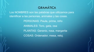 GRAMÁTICA
Los NOMBRES son las palabras que utilizamos para
identificar a las personas, animales y las cosas.
PERSONAS: Paula, prima, niño
ANIMALES: Toro, gata, osa
PLANTAS: Geranio, rosa, margarita
COSAS: Ordenador, mesa, reloj.
 