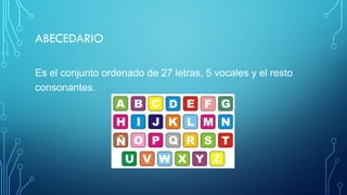 ABECEDARIO
Es el conjunto ordenado de 27 letras, 5 vocales y el resto
consonantes.
 
