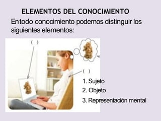 ELEMENTOS DEL CONOCIMIENTO
Entodo conocimiento podemos distinguir los
siguientes elementos:
1. Sujeto
2. Objeto
3. Representación mental
 
