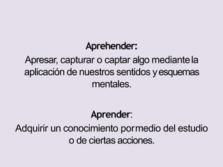 Aprehender:
Apresar, capturar o captar algo mediantela
aplicación de nuestros sentidos yesquemas
mentales.
Aprender:
Adquirir un conocimiento pormedio del estudio
o de ciertas acciones.
 