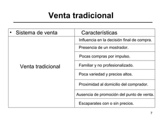 7
Venta tradicional
• Sistema de venta Características
Venta tradicional
Influencia en la decisión final de compra.
Presencia de un mostrador.
Pocas compras por impulso.
Familiar y no profesionalizado.
Poca variedad y precios altos.
Proximidad al domicilio del comprador.
Ausencia de promoción del punto de venta.
Escaparates con o sin precios.
 