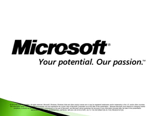 © 2010 Microsoft Corporation. All rights reserved. Microsoft, Windows, Windows Vista and other product names are or may be registered trademarks and/or trademarks in the U.S. and/or other countries.
The information herein is for informational purposes only and represents the current view of Microsoft Corporation as of the date of this presentation. Because Microsoft must respond to changing market
conditions, it should not be interpreted to be a commitment on the part of Microsoft, and Microsoft cannot guarantee the accuracy of any information provided after the date of this presentation.
MICROSOFT MAKES NO WARRANTIES, EXPRESS, IMPLIED OR STATUTORY, AS TO THE INFORMATION IN THIS PRESENTATION.
 