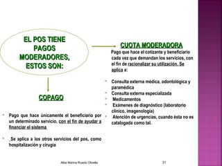 EL POS TIENEEL POS TIENE
PAGOSPAGOS
MODERADORES,MODERADORES,
ESTOS SON:ESTOS SON:
COPAGOCOPAGO
 Pago que hace únicamente el beneficiario por
un determinado servicio, con el fin de ayudar a
financiar el sistema
 Se aplica a los otros servicios del pos, como
hospitalización y cirugía
CUOTA MODERADORACUOTA MODERADORA
Pago que hace el cotizante y beneficiario
cada vez que demandan los servicios, con
el fin de racionalizar su utilización. Se
aplica a:
 Consulta externa médica, odontológica y
paramédica
 Consulta externa especializada
 Medicamentos
 Exámenes de diagnóstico (laboratorio
clínico, imagenología)
 Atención de urgencias, cuando ésta no es
catalogada como tal.
Alba Marina Rueda Olivella 31
 