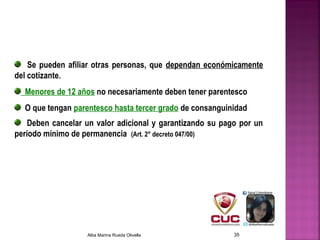 Se pueden afiliar otras personas, que dependan económicamente
del cotizante.
Menores de 12 años no necesariamente deben tener parentesco
O que tengan parentesco hasta tercer grado de consanguinidad
Deben cancelar un valor adicional y garantizando su pago por un
período mínimo de permanencia (Art. 2° decreto 047/00)
Alba Marina Rueda Olivella 35
 