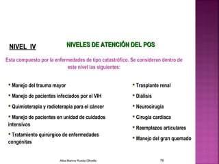 NIVELES DE ATENCIÓN DEL POSNIVELES DE ATENCIÓN DEL POSNIVEL IVNIVEL IV
Esta compuesto por la enfermedades de tipo catastrófico. Se consideran dentro de
este nivel las siguientes:
 Manejo del trauma mayor
 Manejo de pacientes infectados por el VIH
 Quimioterapia y radioterapia para el cáncer
 Manejo de pacientes en unidad de cuidados
intensivos
 Tratamiento quirúrgico de enfermedades
congénitas
 Trasplante renal
 Diálisis
 Neurocirugía
 Cirugía cardiaca
 Reemplazos articulares
 Manejo del gran quemado
Alba Marina Rueda Olivella 76
 