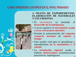 COMOAPRENDEN LOS NIÑOS EN EL NIVEL PRIMARIO
A TRAVÉS DE EXPERIEMENTOS,
ELABORACIÓN DE MATERIALES
Y EXCURSIONES
• El movimiento va asociado al
desarrollo de la inteligencia.
• A nivel cognitivo el movimiento ayuda
a crear estructuras mentales
• Permite la estructuración del esquema
corporal, nociones de espacio y
tiempo
• Esto resulta vital para el aprendizaje y
entendimiento de la matemática y el
cálculo
• La orientación espacial ayuda a
realizar abstracciones (construcciones
proyectivas, topológicas)
 