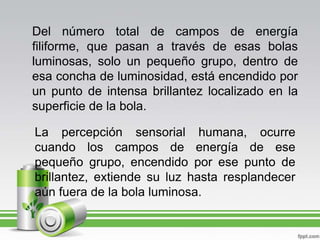 Del número total de campos de energía filiforme, que pasan a través de esas bolas luminosas, solo un pequeño grupo, dentro de esa concha de luminosidad, está encendido por un punto de intensa brillantez localizado en la superficie de la bola.La percepción sensorial humana, ocurre cuando los campos de energía de ese pequeño grupo, encendido por ese punto de brillantez, extiende su luz hasta resplandecer aún fuera de la bola luminosa. 