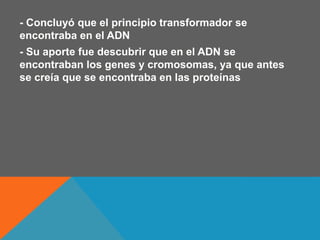 - Concluyó que el principio transformador se 
encontraba en el ADN 
- Su aporte fue descubrir que en el ADN se 
encontraban los genes y cromosomas, ya que antes 
se creía que se encontraba en las proteínas 
