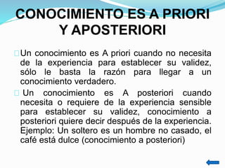 CONOCIMIENTO ES A PRIORI
Y APOSTERIORI
Un conocimiento es A priori cuando no necesita
de la experiencia para establecer su validez,
sólo le basta la razón para llegar a un
conocimiento verdadero.
Un conocimiento es A posteriori cuando
necesita o requiere de la experiencia sensible
para establecer su validez, conocimiento a
posteriori quiere decir después de la experiencia.
Ejemplo: Un soltero es un hombre no casado, el
café está dulce (conocimiento a posteriori)
 