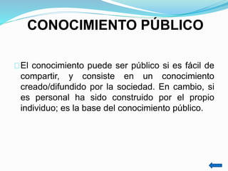 El conocimiento puede ser público si es fácil de
compartir, y consiste en un conocimiento
creado/difundido por la sociedad. En cambio, si
es personal ha sido construido por el propio
individuo; es la base del conocimiento público.
CONOCIMIENTO PÚBLICO
 
