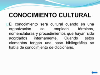 CONOCIMIENTO CULTURAL
El conocimiento será cultural cuando en una
organización se empleen términos,
nomenclaturas y procedimientos que hayan sido
acordados internamente. Cuando estos
elementos tengan una base bibliográfica se
habla de conocimiento de diccionario.
 