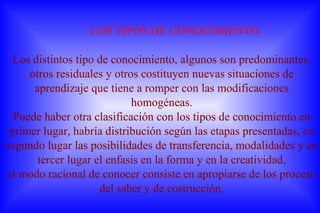 LOS TIPOS DE CONOCIMIENTO
Los distintos tipo de conocimiento, algunos son predominantes,
otros residuales y otros costituyen nuevas situaciones de
aprendizaje que tiene a romper con las modificaciones
homogéneas.
Puede haber otra clasificación con los tipos de conocimiento en
primer lugar, habría distribución según las etapas presentadas, en
segundo lugar las posibilidades de transferencia, modalidades y en
tercer lugar el enfasis en la forma y en la creatividad,
el modo racional de conocer consiste en apropiarse de los proceso
del saber y de costrucción.
 