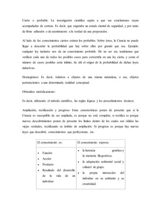 Cierto o probable: La investigación científica aspira a que sus conclusiones vayan
acompañadas de certeza. Es decir, que engendra un estado mental de seguridad, y por tanto
de firme adhesión o de asentimiento a la verdad de una proposición.
Al lado de los conocimientos ciertos existen los probables. Sobre éstos, la Ciencia no puede
llegar a descartar la probabilidad que hay sobre ellos por grande que sea. Ejemplo:
cualquier ley inclusive nos da un conocimiento probable. De no ser así, tendríamos que
verificar cada uno de todos los posibles casos para convertirla en una ley cierta, y como el
número de casos posibles sería infinito, he ahí el origen de la probabilidad de dichas leyes
inductivas.
Homogéneos: Es decir, relativos a objetos de una misma naturaleza, o sea, objetos
pertenecientes a una determinada realidad conceptual.
Obtenidos metódicamente:
Es decir, utilizando el método científico, las reglas lógicas y los procedimientos técnicos.
Ampliación, rectificación y progreso: Estas características ponen de presente que si la
Ciencia es susceptible de ser ampliada, es porque no está completa, si rectifica es porque
nuevos descubrimientos ponen de presente los límites dentro de los cuales son válidas las
viejas verdades, rectificando su ámbito de ampliación. Si progresa es porque hay nuevas
leyes que descubrir, conocimientos que perfeccionar, etc.
El conocimiento es: El conocimiento expresa:
 Función
 Acción
 Producto
 Resultado del desarrollo
de la vida de un
individuo
 la herencia genética y
la memoria filogenética.
 la adaptación ambiental social y
cultural de grupo.
 la propia interacción del
individuo en su ambiente y su
creatividad.
 