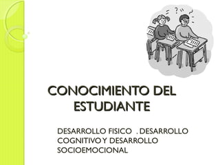 CONOCIMIENTO DELCONOCIMIENTO DEL
ESTUDIANTEESTUDIANTE
DESARROLLO FISICO . DESARROLLO
COGNITIVOY DESARROLLO
SOCIOEMOCIONAL
 