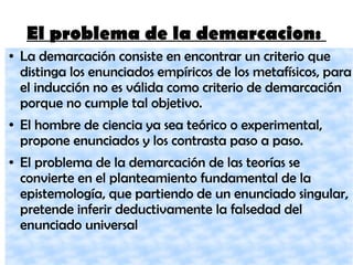 El problema de la demarcacion:
● La demarcación consiste en encontrar un criterio que
distinga los enunciados empíricos de los metafísicos, para
el inducción no es válida como criterio de demarcación
porque no cumple tal objetivo.
● El hombre de ciencia ya sea teórico o experimental,
propone enunciados y los contrasta paso a paso.
● El problema de la demarcación de las teorías se
convierte en el planteamiento fundamental de la
epistemología, que partiendo de un enunciado singular,
pretende inferir deductivamente la falsedad del
enunciado universal
 