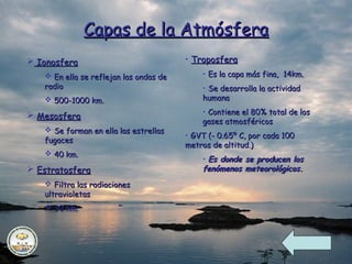 Capas de la Atmósfera
 Ionosfera                             • Troposfera
    En ella se reflejan las ondas de       • Es la capa más fina, 14km.
   radio                                    • Se desarrolla la actividad
    500-1000 km.                           humana

 Mesosfera                                 • Contiene el 80% total de los
                                            gases atmosféricos
    Se forman en ella las estrellas
                                        • GVT (- 0.65º C, por cada 100
   fugaces
                                        metros de altitud.)
    40 km.
                                            • Es donde se producen los
 Estratosfera                              fenómenos meteorológicos.
    Filtra las radiaciones
   ultravioletas
    30 km.
 