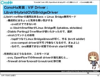 ConoHa kvm-VPS; OpenStack Grizzlyのサービス実装について ConoHa誕生の話
15
ConoHa実装 : VIF Driver :
LibvirtHybridOVSBridgeDriver
•Libvirt nwﬁlterの適用出来るovs + Linux Bridge兼用モード
•構成的にはちょっと気持ち悪い気がする
•ovsだけでできないの
>> libvirtのnwﬁlterがLinux Bridge用 (iptables, ebtables)
•Diablo Portingよりnwﬁlterが使いたかったので、選択
•virshコマンドとの併用
•tapがつなぐLinux Bridgeはnovaが叩く、作る (brctl addbr)
•ovs-compat driverは不可 (今後なくなるので、まぁよし)
•なので、ovs疎通できない状態でのvirsh startが可能
•将来的にはどうなるのか、このモードは
•ovs, OpenFlowでのﬁrewall driverが進化進むと...
•ﬁrewall driverもnovaからneutronに移行期
1513年7月26日金曜日
 
