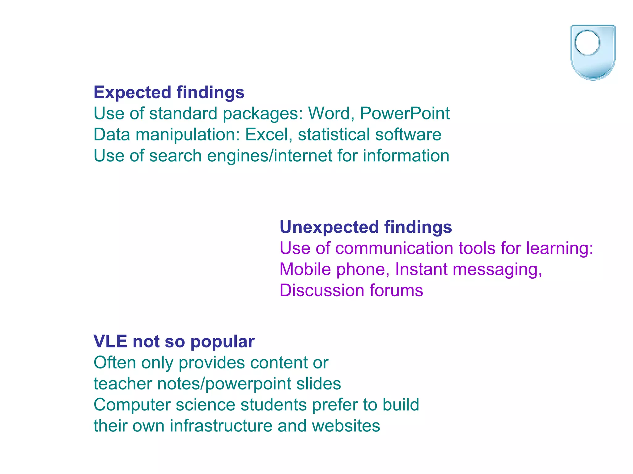 Expected findings Use of standard packages: Word, PowerPoint Data manipulation: Excel, statistical software Use of search engines/internet for information Unexpected findings Use of communication tools for learning:  Mobile phone, Instant messaging,  Discussion forums VLE not so popular  Often only provides content or  teacher notes/powerpoint slides Computer science students prefer to build  their own infrastructure and websites 