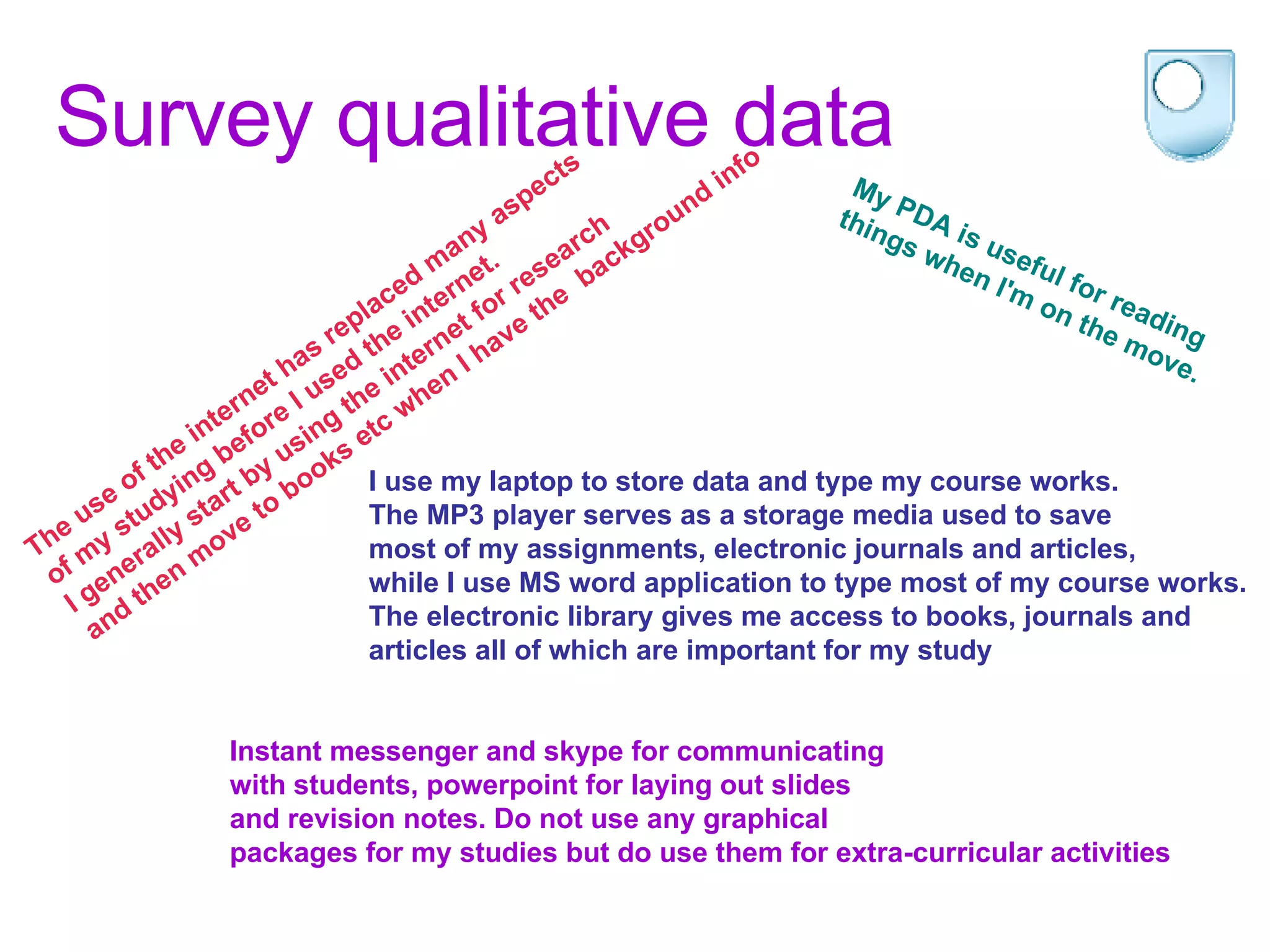 Survey qualitative data The use of the internet has replaced many aspects  of my studying before I used the internet.  I generally start by using the internet for research  and then move to books etc when I have the  background info My PDA is useful for reading  things when I'm on the move. I use my laptop to store data and type my course works.  The MP3 player serves as a storage media used to save  most of my assignments, electronic journals and articles,  while I use MS word application to type most of my course works.  The electronic library gives me access to books, journals and  articles all of which are important for my study Instant messenger and skype for communicating  with students, powerpoint for laying out slides  and revision notes. Do not use any graphical  packages for my studies but do use them for extra-curricular activities 