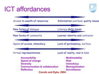 ICT affordances  Access  to wealth of resources Information  overload , quality issues New forms of  dialogue Literacy  skills issues New forms of  community Learner identity and  confusion Speed  of access, immediacy Lack of permanency,  surface Virtual  representations Lack of reality, real is  fake Accessibility Speed of change Diversity Communication & collaboration Reflection Multimodality Risk Immediacy Monopolisation Surveillance Conole and Dyke, 2004 