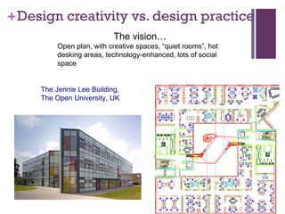 Design creativity vs. design practice The vision…  Open plan, with creative spaces, “quiet rooms”, hot desking areas, technology-enhanced, lots of social space  The Jennie Lee Building, The Open University, UK 