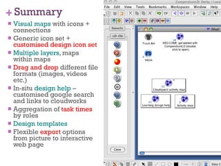 Summary Visual maps  with icons + connections Generic icon set +  customised design icon set Multiple layers , maps within maps Drag and drop  different file formats (images, videos etc.)  In-situ  design help  –customised google search and links to cloudworks Aggregation of  task times  by roles Design templates Flexible  export  options from picture to interactive web page 