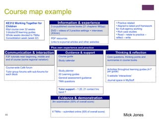 KE312 Working Together for Children 60pt course over 32 weeks 3 blocks/20 learning guides Whole weeks devoted to TMAs Consolidation week (week 22) Practice related Aligned to latest prof framework for mult-agency working Rich case studies Read – relate to practice – reflect – write  Course map example Mick Jones Evidence & demonstration 6 TMAs – submitted online (505 of overall score) 3hr examination (50% of overall score) Thinking & reflection Activities throughout learning guides (4-7 per guide) 5 website ‘interactives’ Journal space in MyStuff Core questions, thinking points and summaries in course books Communication & interaction Course-wide Café forum Tutor group forums with sub-forums for each block F2F tutorials near beginning, middle and end of course (some regional variation) Information & experience PDF resources Links to e-journal articles and other websites 3 co-published course books (21 chapters/ 960pp) DVD – videos of 3 practice settings + interviews (XXmin) Plus own experience and practice Guidance & support Study planner 20 Learning guides General assessment guidance TMA questions Course guide Study calendar Tutor support  – 1:20; 21 contact hrs; band 7 