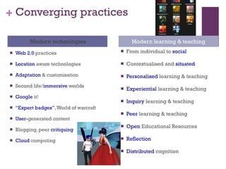 Converging practices Modern technologies Modern learning & teaching Web 2.0  practices Location  aware technologies Adaptation  & customisation Second life/ immersive  worlds Google  it! “ Expert badges” , World of warcraft  User- generated content Blogging, peer  critiquing Cloud  computing From individual to  social Contextualised and  situated Personalised  learning & teaching Experiential  learning & teaching Inquiry  learning & teaching  Peer  learning & teaching  Open  Educational Resources Reflection Distributed  cognition 