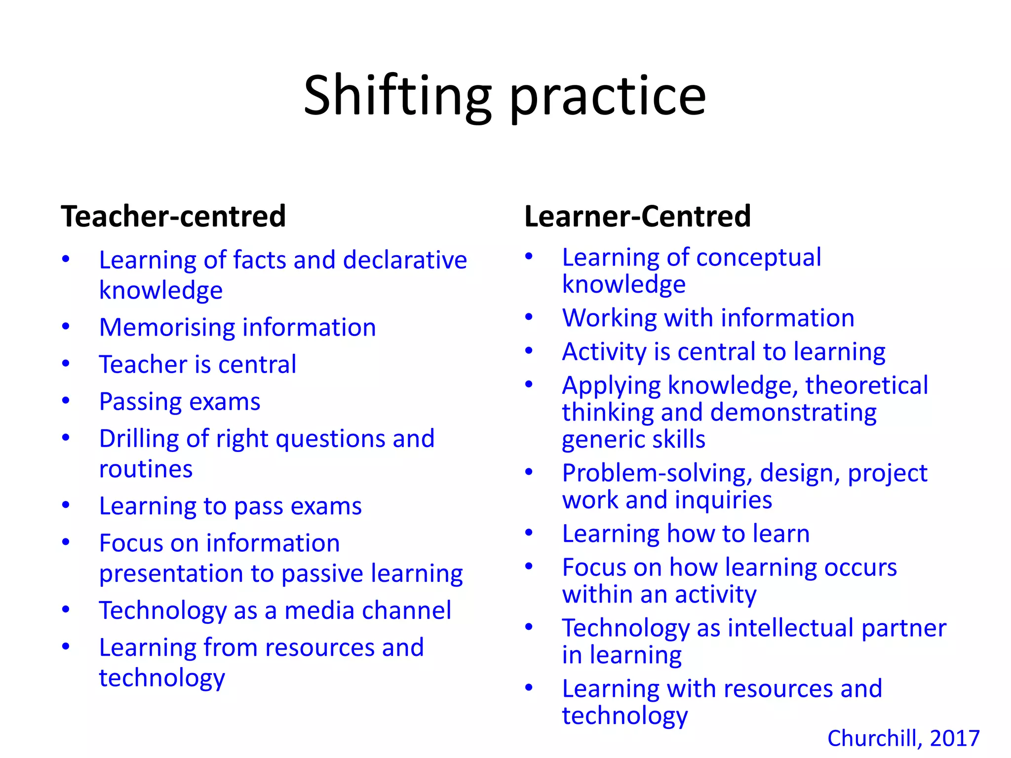 Shifting practice
Teacher-centred
• Learning of facts and declarative
knowledge
• Memorising information
• Teacher is central
• Passing exams
• Drilling of right questions and
routines
• Learning to pass exams
• Focus on information
presentation to passive learning
• Technology as a media channel
• Learning from resources and
technology
Learner-Centred
• Learning of conceptual
knowledge
• Working with information
• Activity is central to learning
• Applying knowledge, theoretical
thinking and demonstrating
generic skills
• Problem-solving, design, project
work and inquiries
• Learning how to learn
• Focus on how learning occurs
within an activity
• Technology as intellectual partner
in learning
• Learning with resources and
technology
Churchill, 2017
 