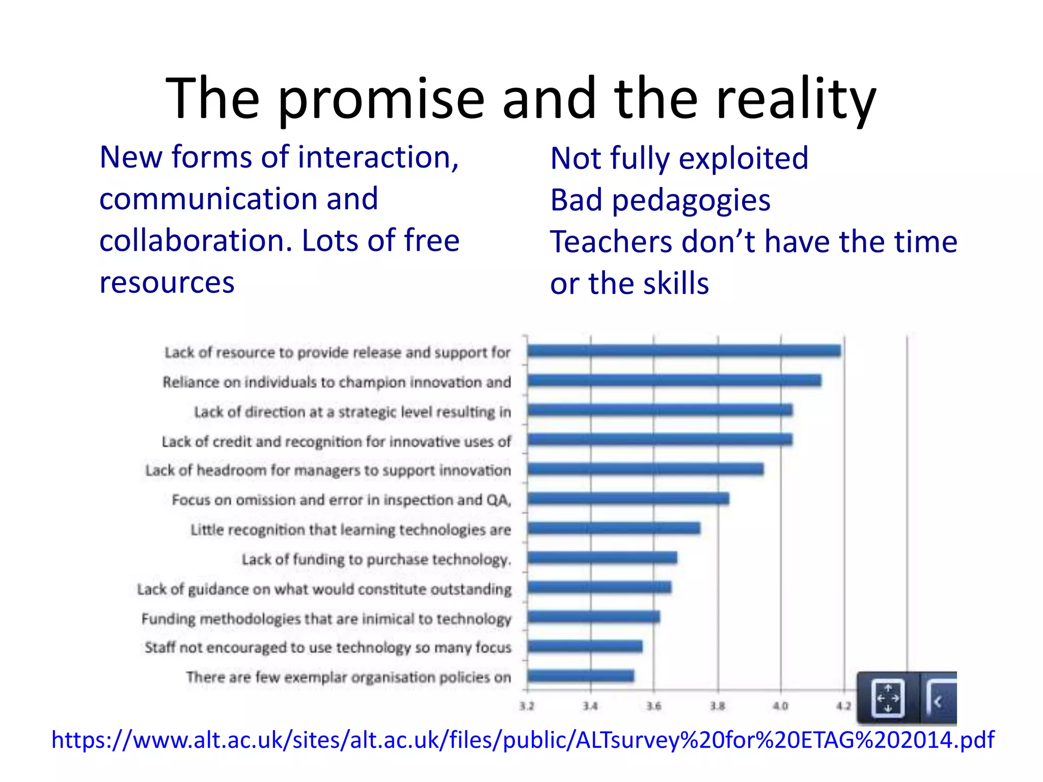 The promise and the reality
New forms of interaction,
communication and
collaboration. Lots of free
resources
Not fully exploited
Bad pedagogies
Teachers don’t have the time
or the skills
https://www.alt.ac.uk/sites/alt.ac.uk/files/public/ALTsurvey%20for%20ETAG%202014.pdf
 