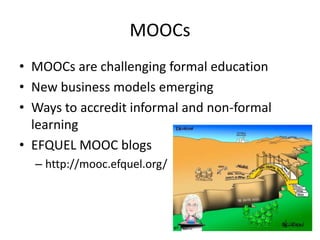 Beyond cMOOCs or xMOOCs
cMOOCs
• Weekly centred
• Participant reflective spaces
• Social and networked
participation
• Has...