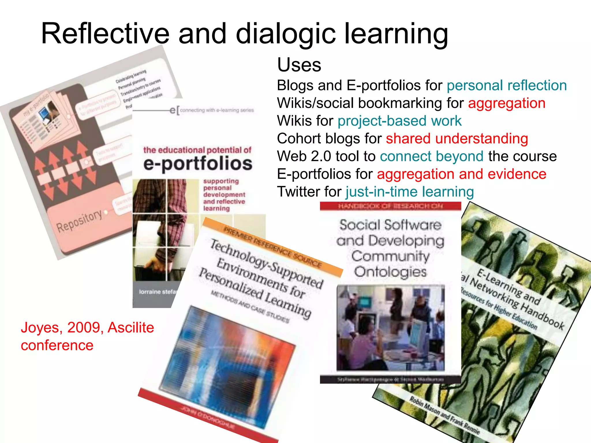 Reflective and dialogic learningUsesBlogs and E-portfolios for personal reflection Wikis/social bookmarking for aggregationWikis for project-based workCohort blogs for shared understandingWeb 2.0 tool to connect beyond the courseE-portfolios for aggregation and evidenceTwitter for just-in-time learning Joyes, 2009, Ascilite conference