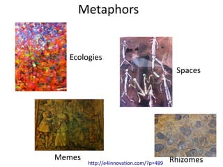 Metaphors


  Ecologies
                                          Spaces




Memes                                    Rhizomes
        http://e4innovation.com/?p=489
 