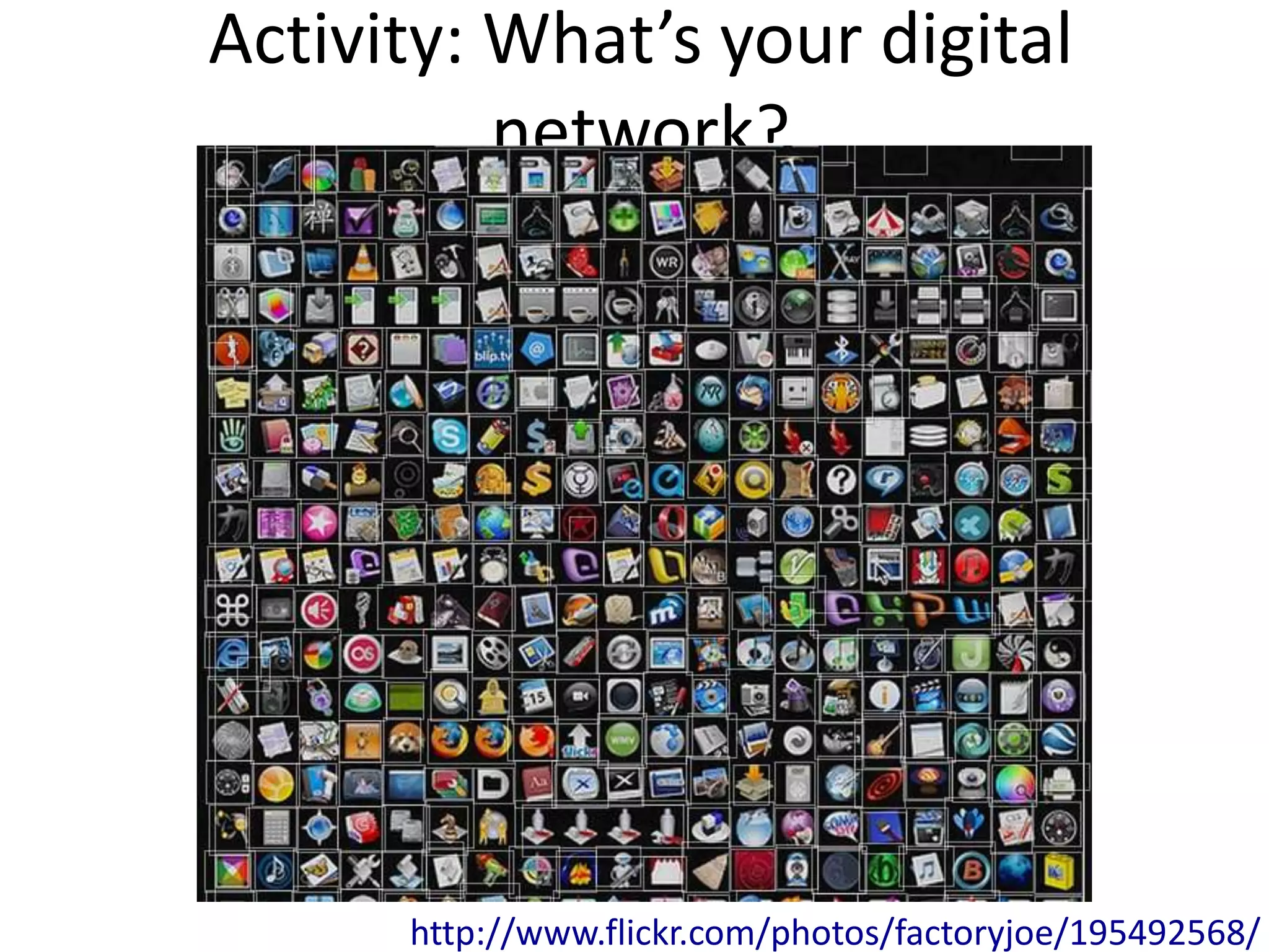 Activity: What’s your digital
          network?




      http://www.flickr.com/photos/factoryjoe/195492568/
 