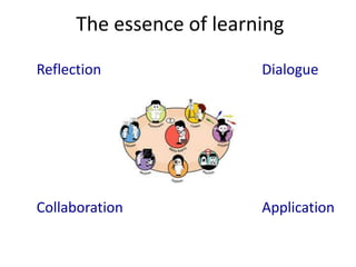 The essence of learning

Reflection                Dialogue




Collaboration             Application
 