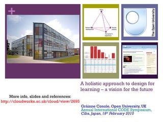 A holistic approach to design for learning: a student-centered approach Gráinne Conole, Open University, UK Annual International CODE Symposium,  Chiba, Japan, 18 th  February 2010 Slides and links: http://cloudworks.ac.uk/cloud/view/2695 