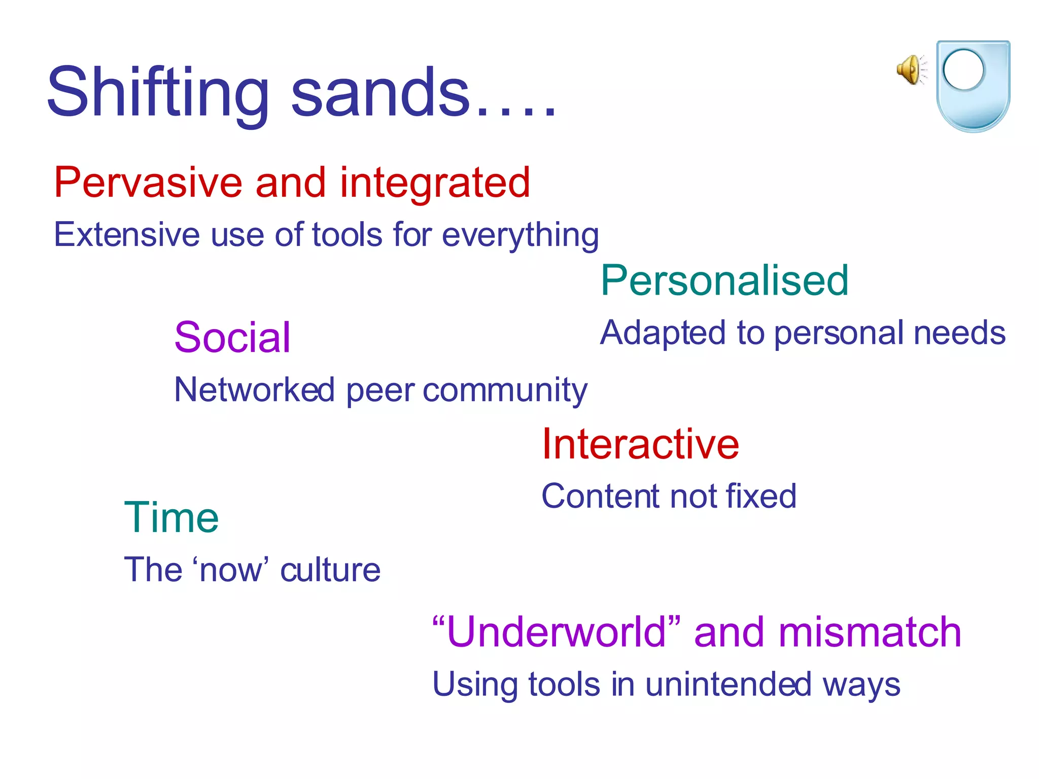 Shifting sands…. Pervasive and integrated Extensive use of tools for everything Personalised Adapted to personal needs Social Networked peer community Interactive Content not fixed “ Underworld” and mismatch Using tools in unintended ways Time The ‘now’ culture 
