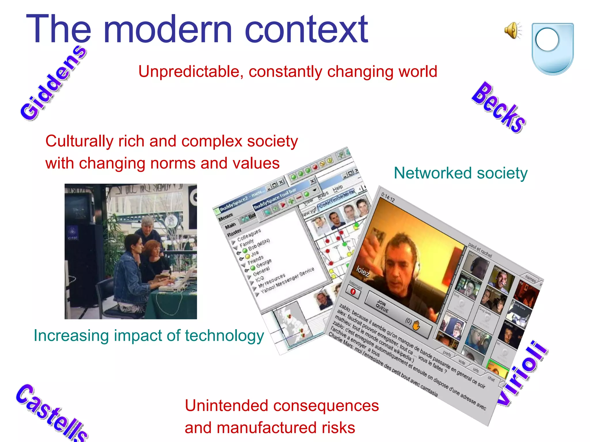 The modern context Culturally rich and complex society  with changing norms and values Unpredictable, constantly changing world Giddens Unintended consequences  and manufactured risks   Becks Virioli Increasing impact of technology Castells Networked society 