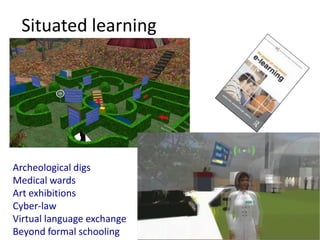 Situated learning




Archeological digs
Medical wards
Art exhibitions
Cyber-law
Virtual language exchange
Beyond formal schooling
 
