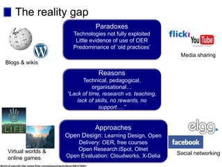 The reality gap
                                                                          Paradoxes
                                                            Technologies not fully exploited
                                                             Little evidence of use of OER
                                                            Predominance of ‘old practices’
                                                                                                Media sharing
    Blogs & wikis
                                                                          Reasons
                                                              Technical, pedagogical,
                                                                  organisational…
                                                       “Lack of time, research vs. teaching,
                                                           lack of skills, no rewards, no
                                                                    support….”


                                                                          Approaches
                                                     Open Design: Learning Design, Open
                                                          Delivery: OER, free courses
      Virtual worlds &                                    Open Research:iSpot, Olnet
                                                      Open Evaluation: Cloudworks, X-Delia     Social networking
      online games
World of warcraft http://www.flickr.com/photos/shardsofblue/3981216281/
 